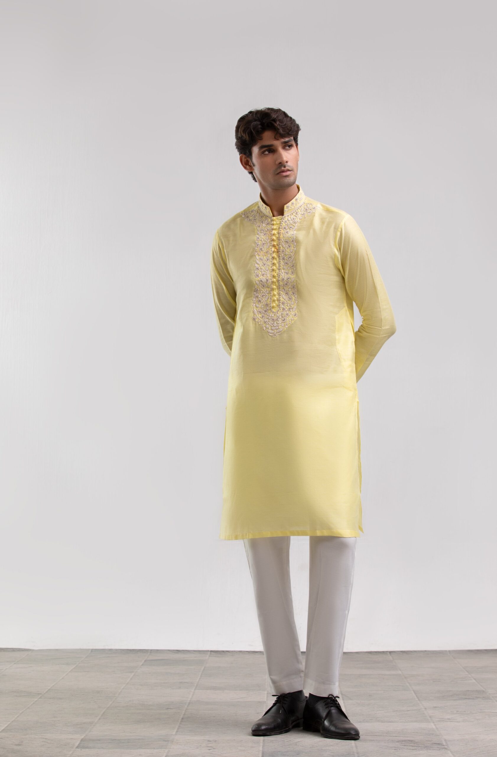 1000544972-scaled.jpg yellow mens kurta, cotton embroidered kurta for men, traditional designer menswear, festive yellow kurta, ethnic wear for men