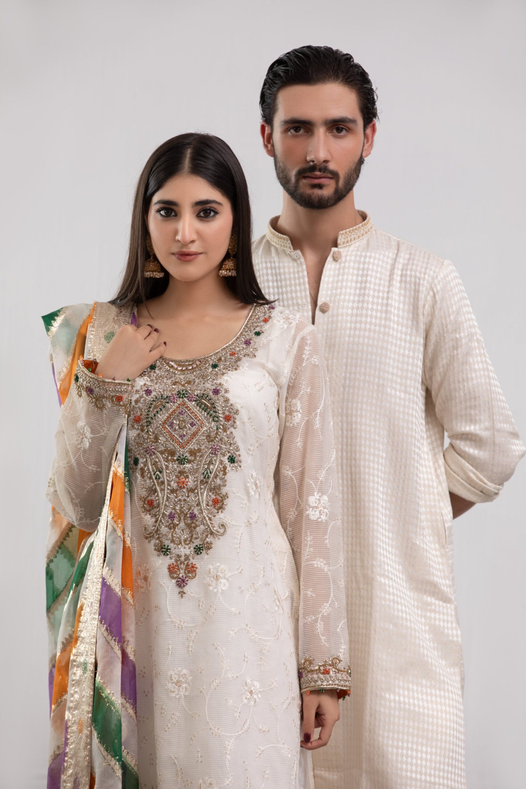 Off-White Needleveil Ladies Dress with Striped Dupatta | 3-Piece Suit