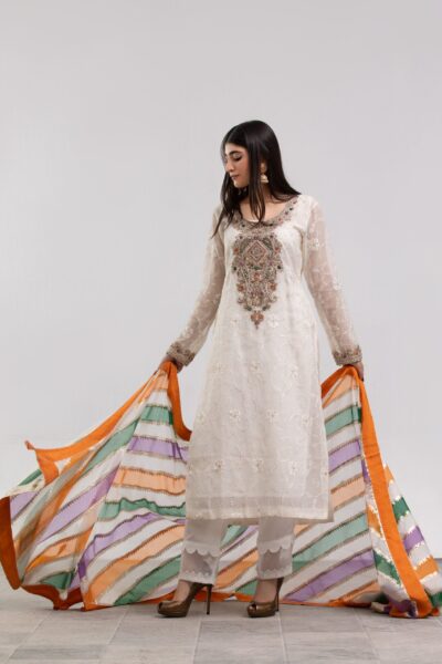 Off-White Needleveil Ladies Dress with Striped Dupatta | 3-Piece Suit