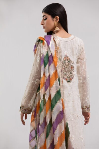 Off-White Needleveil Ladies Dress with Striped Dupatta | 3-Piece Suit