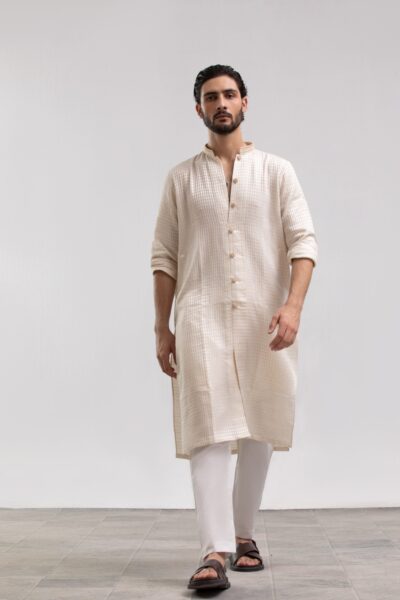 Off-White Needleveil Ladies Dress with Striped Dupatta | 3-Piece Suit