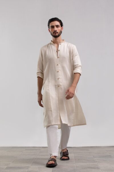 Off-White Needleveil Ladies Dress with Striped Dupatta | 3-Piece Suit