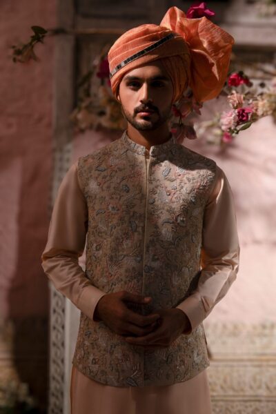 Dreamy Blushed Mehendi Mens Waistcoat - Traditional Pakistani Wedding Dress