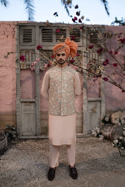 Dreamy Blushed Mehendi Mens Waistcoat - Traditional Pakistani Wedding Dress