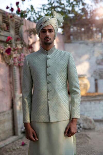 Traditional Pakistani embroidered prince coat for groom’s wedding dress