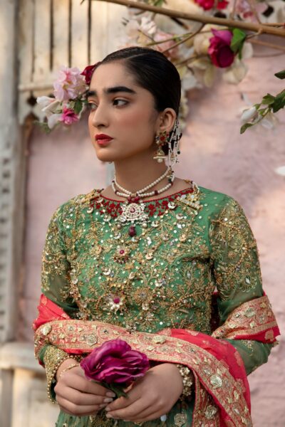 Exquisite Green and Red Embroidered Bridal Lehenga