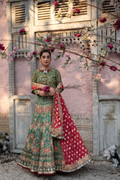 Exquisite Green and Red Embroidered Bridal Lehenga