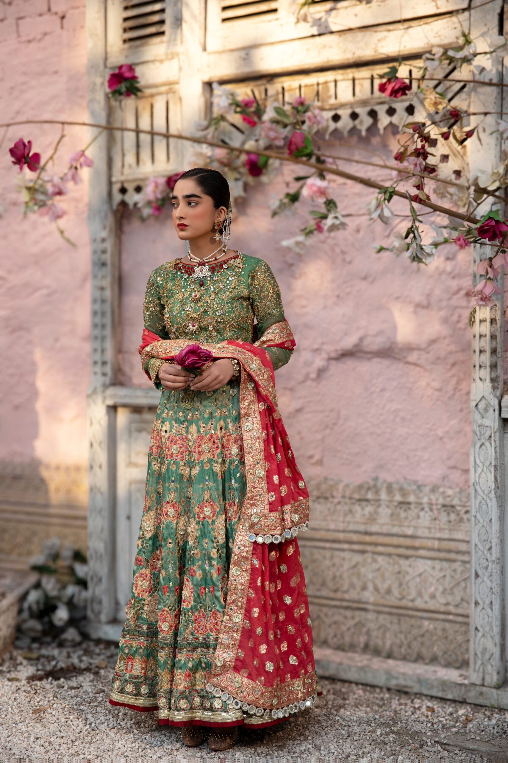 Exquisite Green and Red Embroidered Bridal Lehenga