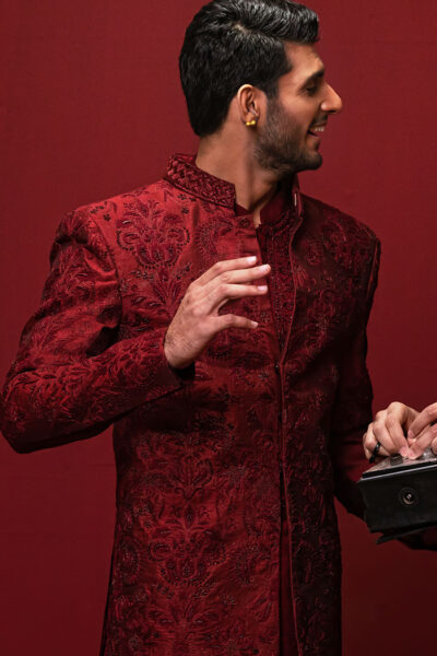 FRONT EMBROIDERED MAROON PRINCE COAT PAIRED WITH MATCHING KURTA AND SHALWAR