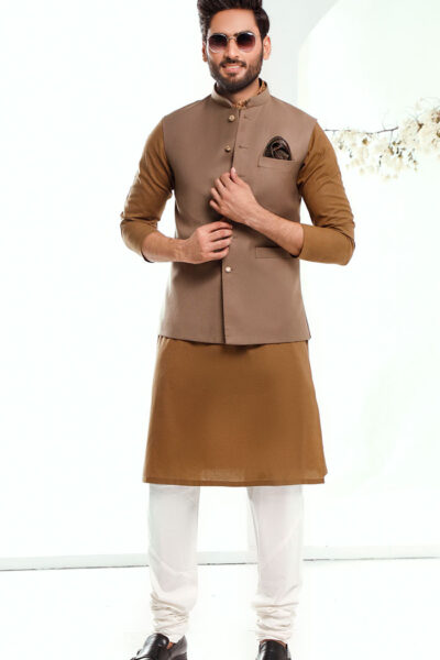 FRENCH BEIGE WAISTCOAT FOR MEN WITH BROWN KAMEEZ AND WHITE PAJAMA
