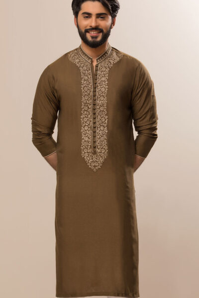 CHARMING OFFWHITE NECK EMBROIDERED GINGER BROWN KURTA