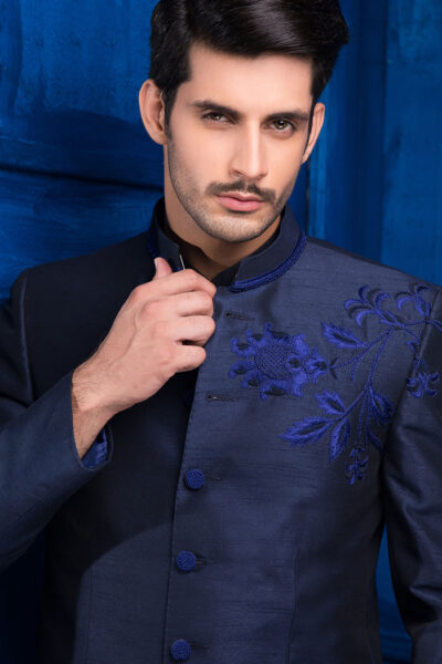 DENIM BLUE PRINCE COAT EMBROIDERED WITH NAVY BLUE PAIRED WITH MATCHING KURTA AND PANTS