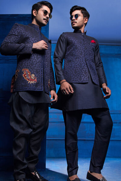 DENIM BLUE FESTIVE PRINCE COAT SETS FOR MEN PAIRED WITH MATCHING KURTA AND PANTS