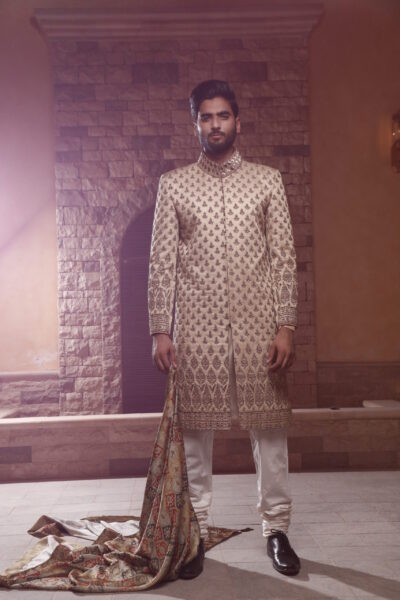 Man wearing SCOTCH MIST OFF WHITE SHERWANI WITH MATCHING SHAWL AND WHITE INNER SUIT - White Sherwani for Groom - Mens Wedding Sherwani in Pakistan