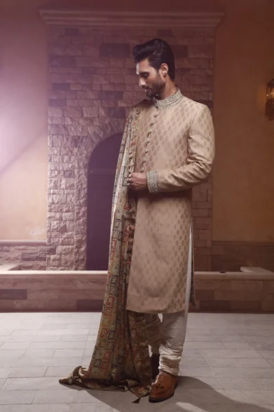 man wearing ANTIQUE WHITE WITH MATCHING SHAWL AND INNER SUIT