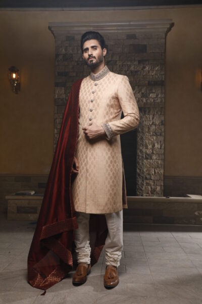 man wearing PANTONE WHITE SMOKE SHERWANI WITH MATCHING INNER SUIT AND MAROON TURBAN - White Sherwani for Groom - Mens Wedding Sherwani in Pakistan