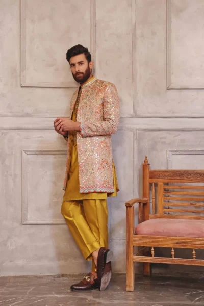 GOLD MIRROR WORK SASSY SALMON SHERWANI JACKET