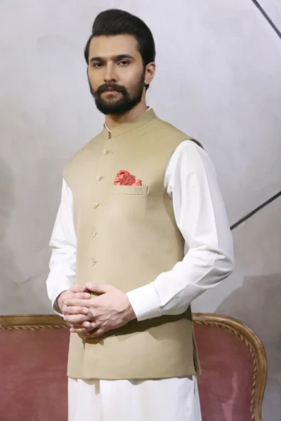 PLAIN FLAXEN WAISTCOAT WITH WHITE KURTA PAJAMA