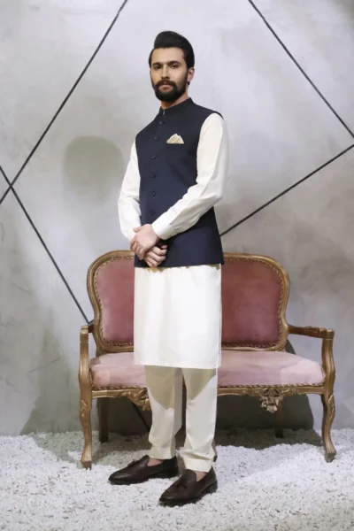 Plain Black Waistcoat with Off-White Kurta Pajama
