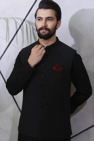 Obsidian Black Waistcoat for men with Matching Kurta Pajama