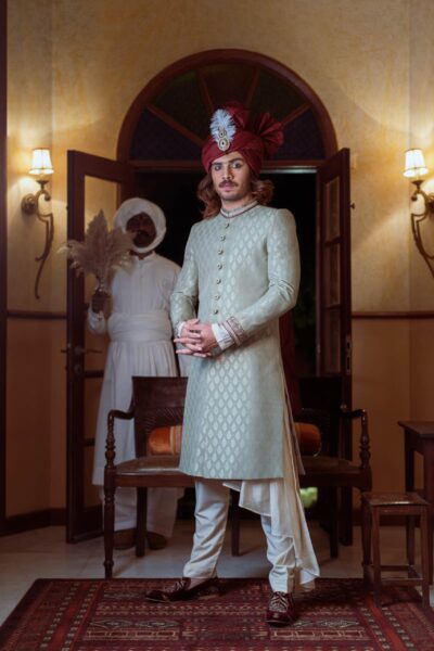 FROST WHITE mens SHERWANI for groom WITH MATCHING INNER SUIT PAIRED WITH MAROON TURBAN