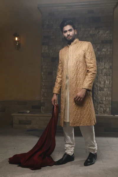 Striking camel gold sherwani - best groom sherwani