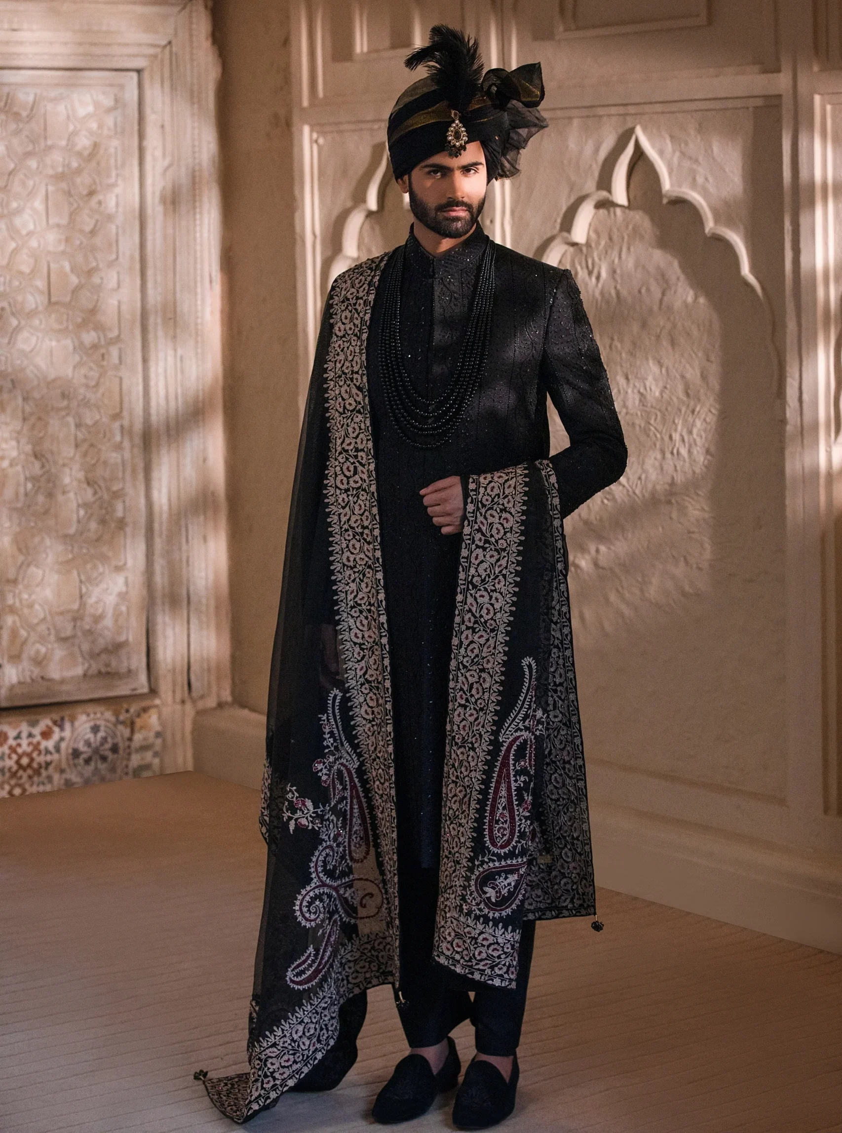 Black Sherwani in Karachi | Buy Black sherwani with black turban wedding sherwani for groom in karachi pakistan, sherwani style, black sherwani, sherwani for groom of best sherwani designer in Pakistan - men's wedding sherwani - Sherwani for groom - sherwani prices - sherwani for groom of best sherwani designer - mens wear sherwani for groom