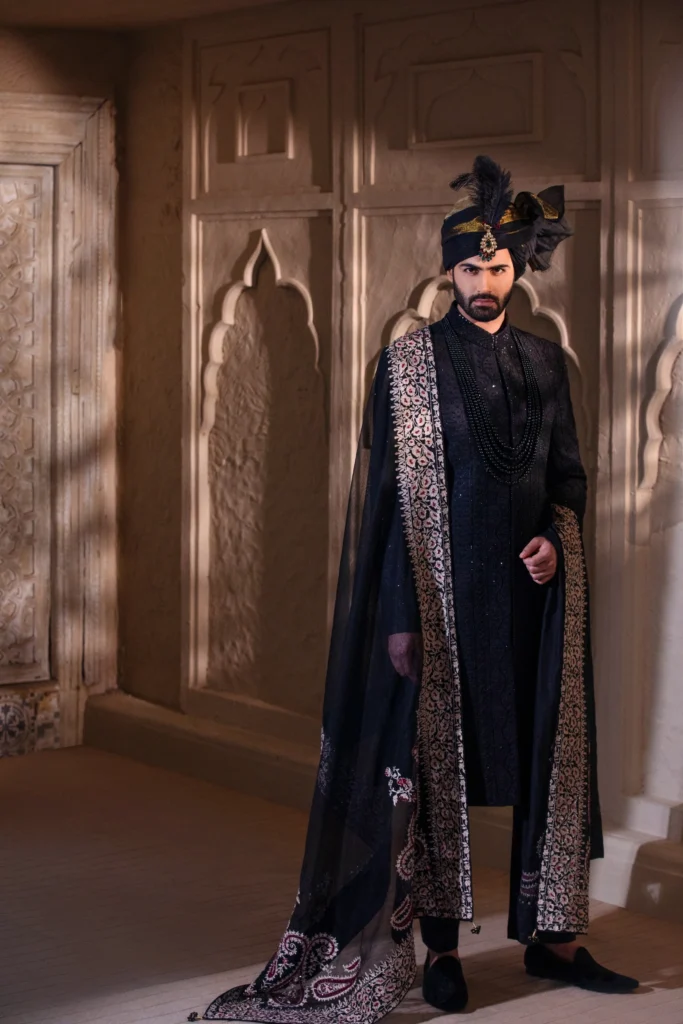 Black trending Sherwani in Karachi | Buy Black sherwani, sherwani for men, sherwani for groom, sherwani for wedding, sherwani prices, sherwani buy online