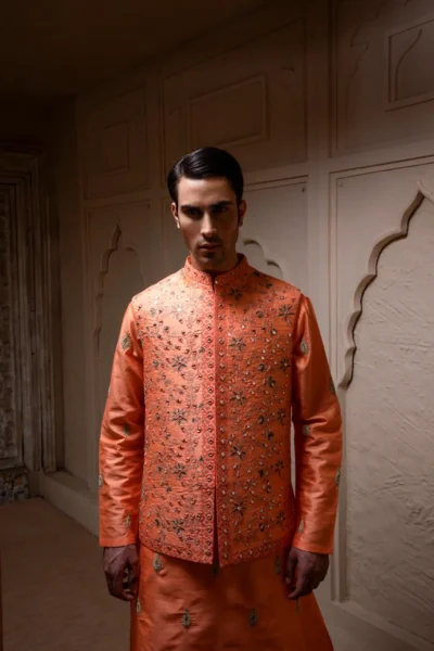 MIRROR WORK ORANGE WAISTCOAT PAIRED WITH MATCHING SUIT