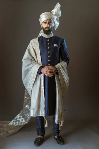 Blue Sherwani with offwhite turban sherwani for men, sherwani for groom, sherwani for men wedding, sherwani for wedding,