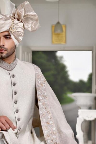 Pearl White Sherwani ensemble - white sherwani - groom wearing white sherwani by nauman arfeen