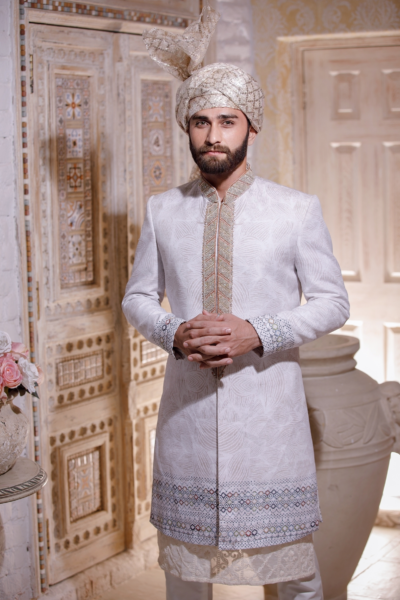 WHITE SHERWANI FOR GROOM WITH OFF WHITE TURBAN - White Sherwani for Groom - Mens Wedding Sherwani in Pakistan