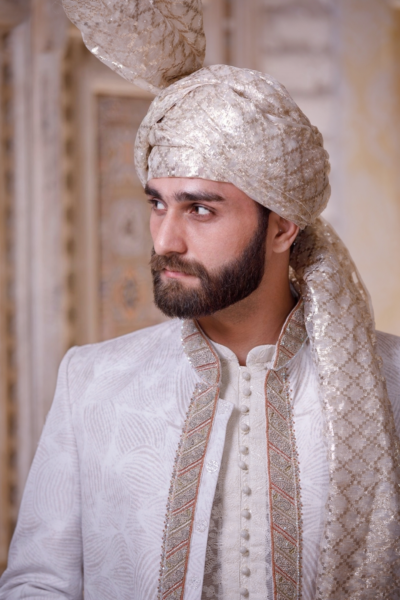 WHITE SHERWANI FOR GROOM WITH OFF WHITE TURBAN