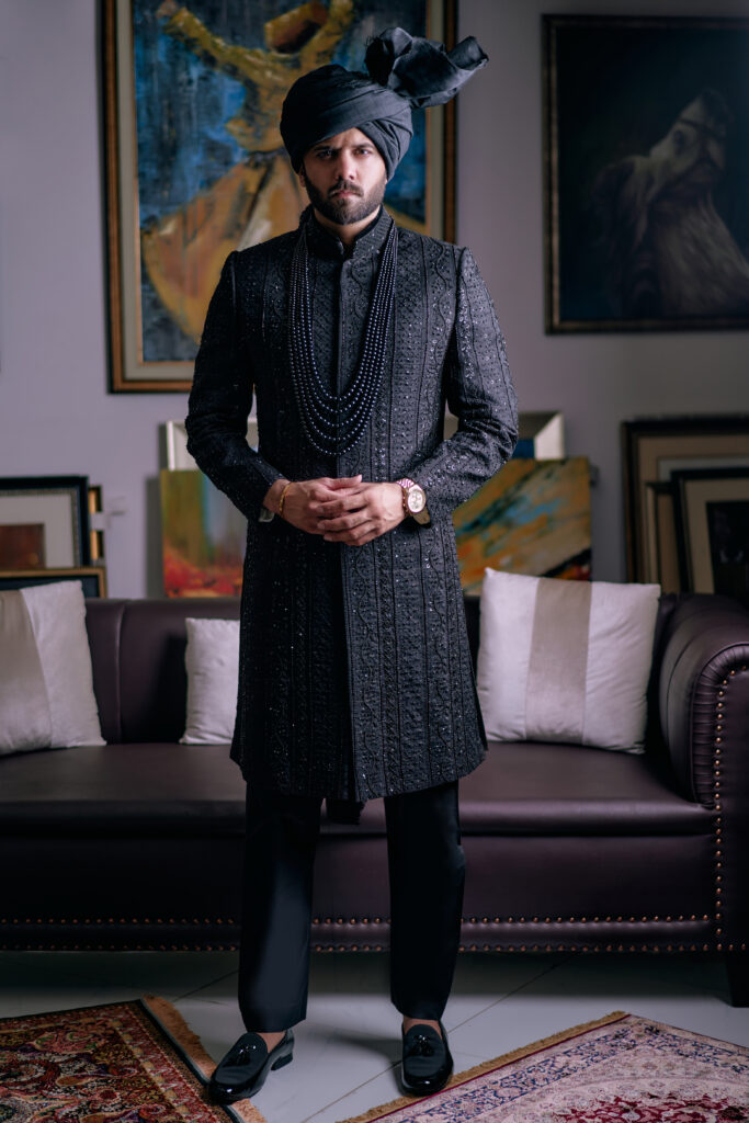 BLACK SHERWANi WITH MATCHING INNER SUIT AND TURBAN