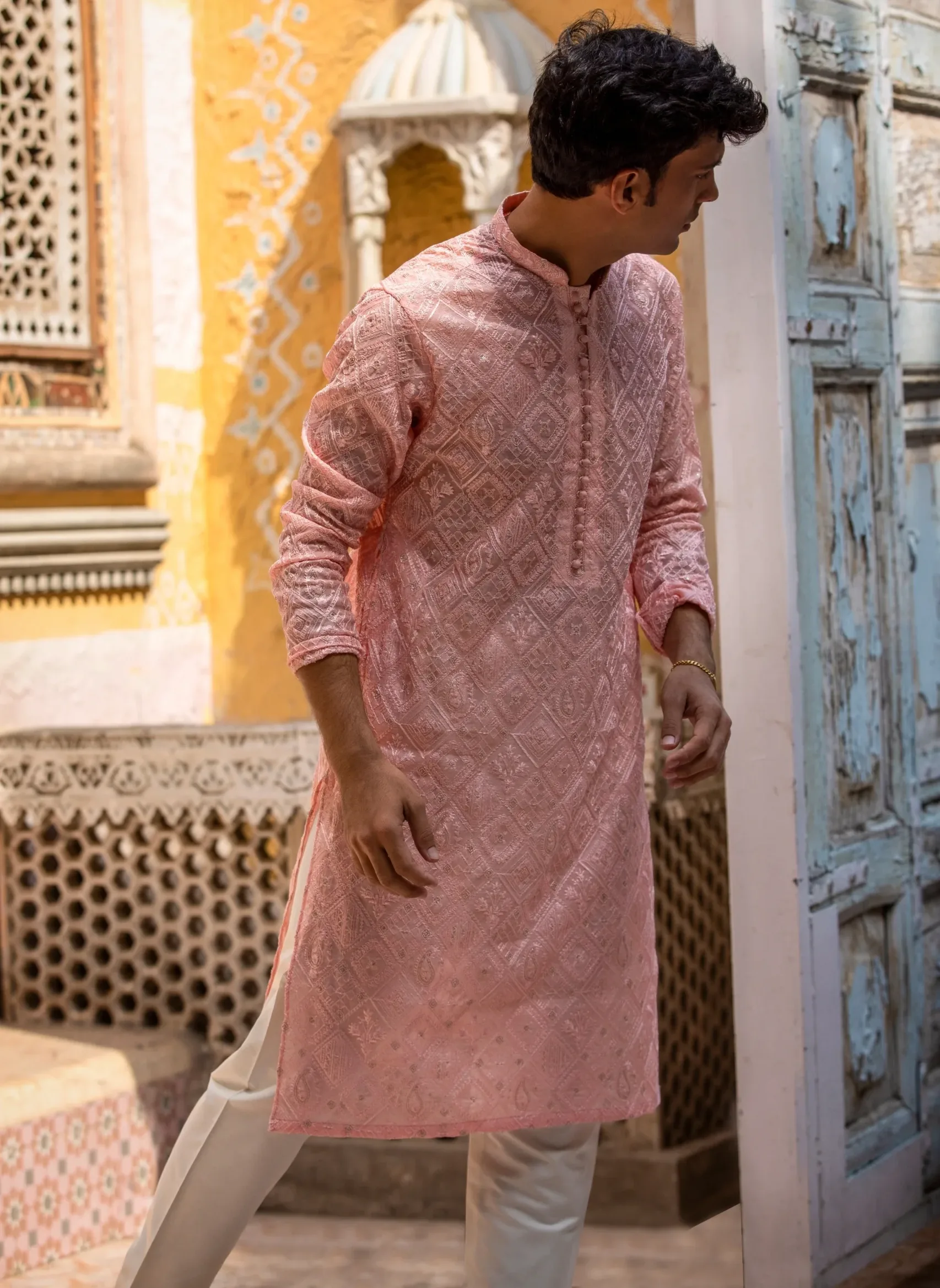 peach kurta for men of best fashion designer in Pakistan - sherwani for groom of best sherwani designer