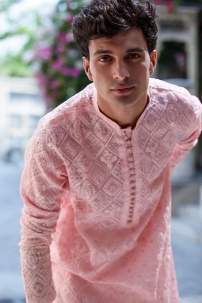 Full Embroidered Blushing Peach Pathani Kurta