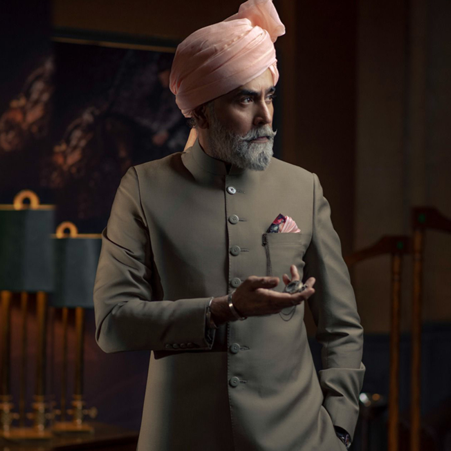 Sherdil 5 ,,, 1 KHAKI SHERWANI PAIRED WITH PASTEL PEACH TURBAN