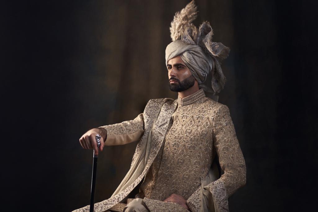 off white sherwani with matching turban