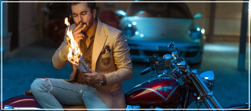 Junaid Khan on harley davidson wearing Jacket and jeans by best designer in Pakistan - party wear for men