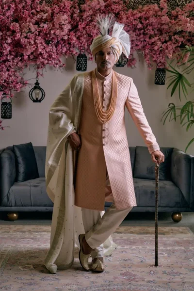 peach sherwani for groom paired with a white turban and coordinated inner suit and shawl
