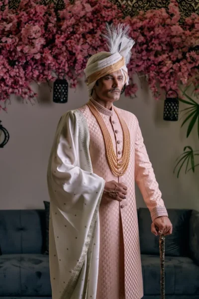 man wearing SALMON RED SHERWANI for groom PAIRED WITH OFF-WHITE INNER SUIT SHAWL AND TURBAN designed by naushemian by nauman arfeen on wedding day