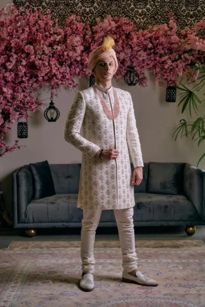 Off-White Sherwani for groom with matching turban and matching sherwani inner suit