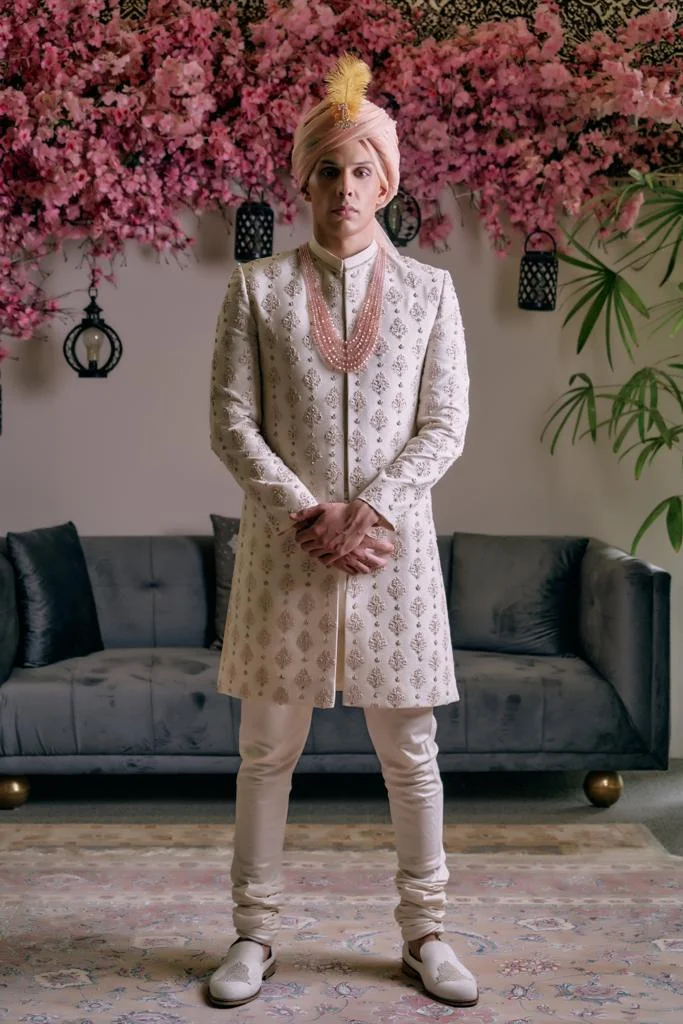 Off-White Sherwani for groom with matching turban and inner suit