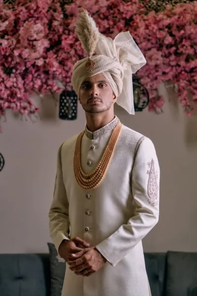 Pear white Sherwani for groom with matching turban and inner suit - Buy white sherwani of Naushemian by Nauman Arfeen