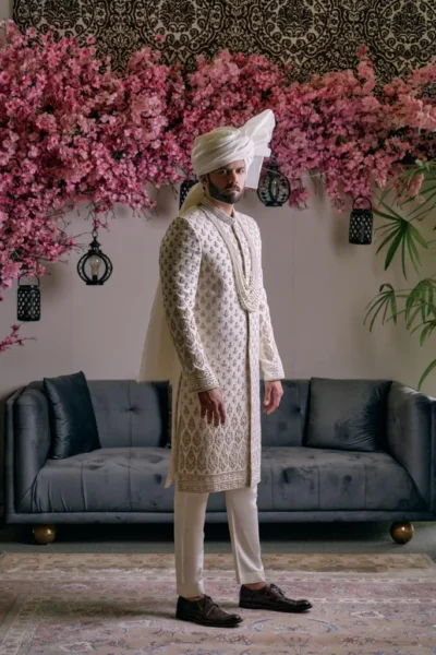 Ice Mist Off White Sherwani for groom with matching turban and inner suit