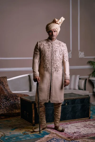 Fawn Sherwani for men with matching inner suit and turban