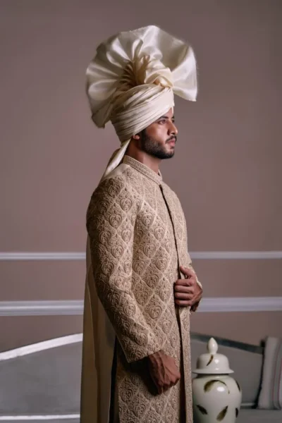 Man wearing Golden Brown Sherwani with matching turban wedding sherwani for groom, sherwani style, best fashion designer sherwani for groom in Pakistan