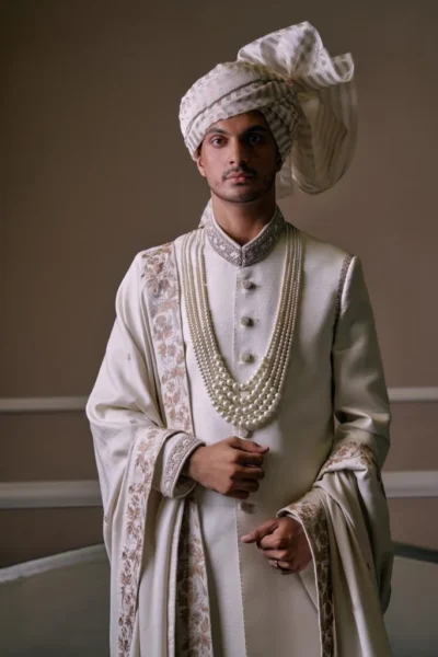 Sherwani for men - White Sherwani for groom with matching turban and matching sherwani inner suit