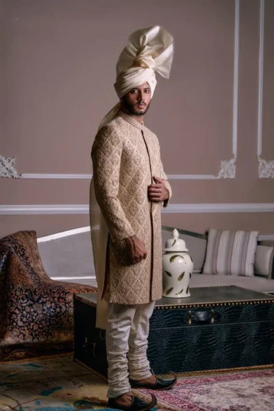 Golden Brown Sherwani with matching turban wedding sherwani for groom, sherwani style, black sherwani, best fashion designer sherwani for groom in Pakistan