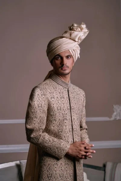 Book SAND GOLD SHERWANI PAIRED WITH MATCHING INNER SUIT, TURBAN AND SHAWL Sherwani for Groom, Sherwani Set, Buy sherwani online by the best fashion designer in Pakistan
